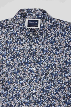 Regular navy blue Pima cotton poplin shirt with micro floral print
