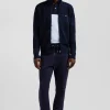 Regular navy blue plain cotton zipped cardigan with knit patterns