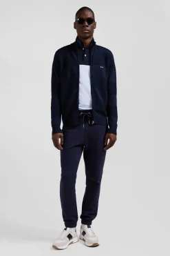 Regular navy blue plain cotton zipped cardigan with knit patterns