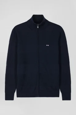 Regular navy blue plain cotton zipped cardigan with knit patterns