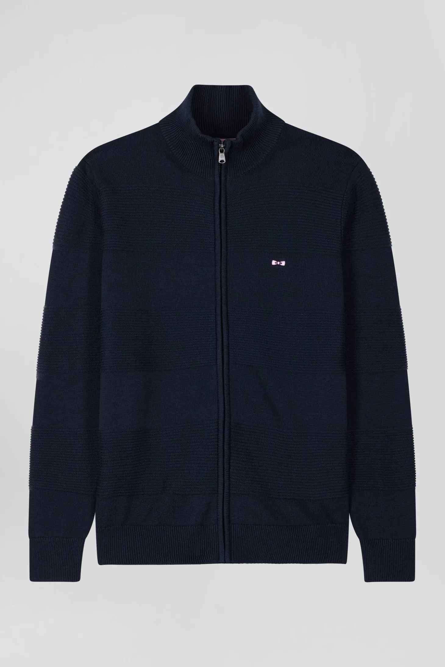 Regular navy blue plain cotton zipped cardigan with knit patterns