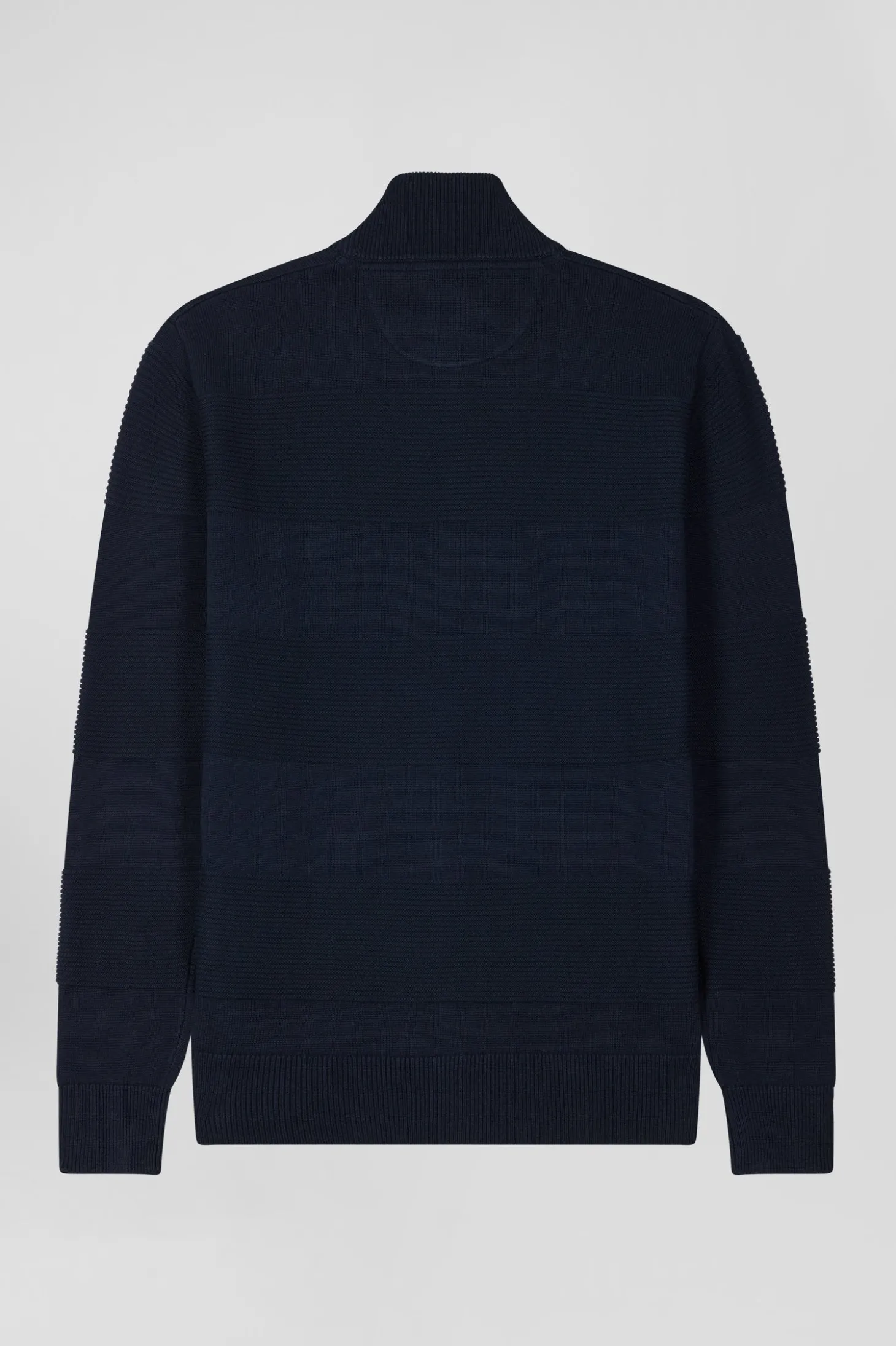 Regular navy blue plain cotton zipped cardigan with knit patterns