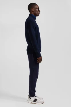 Regular navy blue plain cotton zipped cardigan with knit patterns