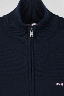 Regular navy blue plain cotton zipped cardigan with knit patterns