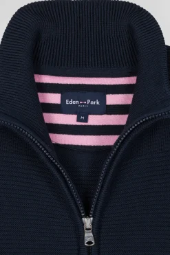 Regular navy blue plain cotton zipped cardigan with knit patterns