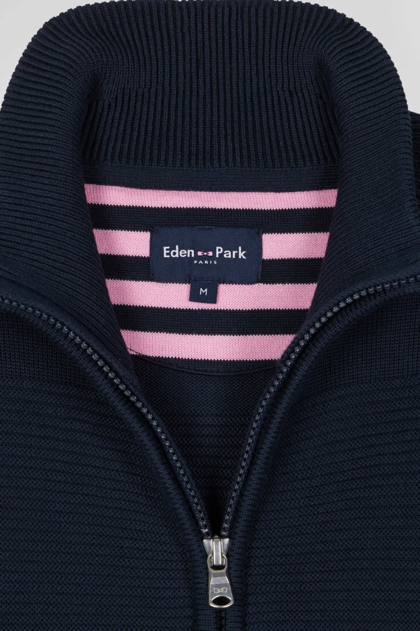 Regular navy blue plain cotton zipped cardigan with knit patterns