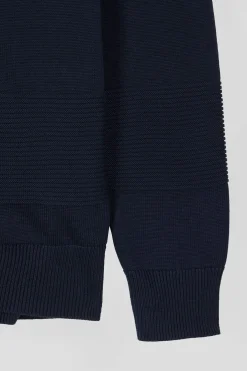 Regular navy blue plain cotton zipped cardigan with knit patterns