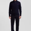 Regular navy blue plain wool and cotton zipped cardigan