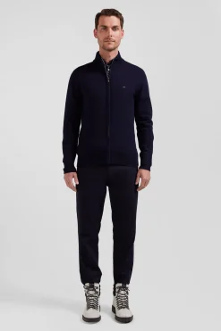 Regular navy blue plain wool and cotton zipped cardigan