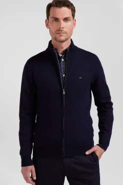 Regular navy blue plain wool and cotton zipped cardigan