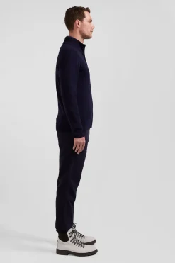 Regular navy blue plain wool and cotton zipped cardigan