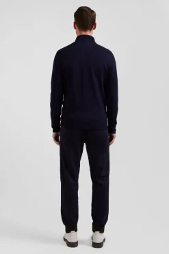 Regular navy blue plain wool and cotton zipped cardigan