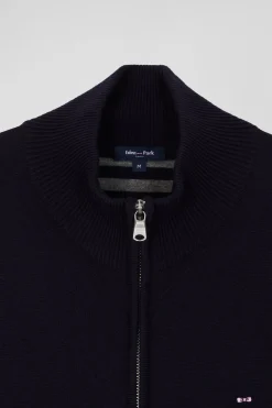 Regular navy blue plain wool and cotton zipped cardigan