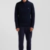 Regular navy blue semi-zipped cotton jumper with knit patterns