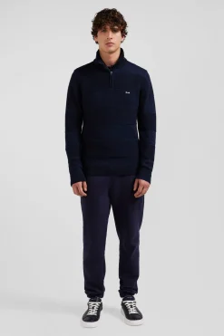 Regular navy blue semi-zipped cotton jumper with knit patterns