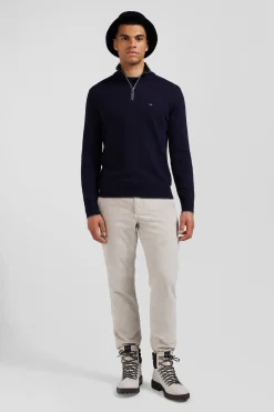 Regular navy blue semi-zipped cotton and cashmere jumper
