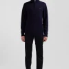 Regular navy blue semi-zipped wool and cotton jumper