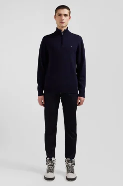 Regular navy blue semi-zipped wool and cotton jumper