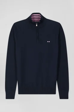 Regular navy blue semi-zipped cotton jumper