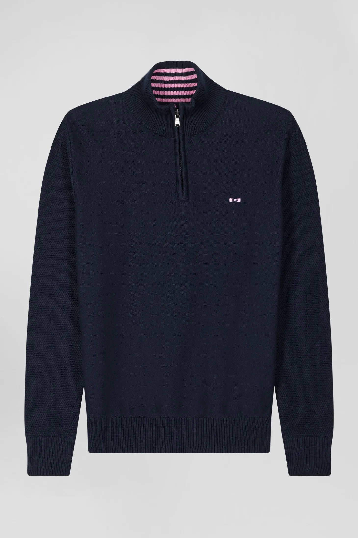 Regular navy blue semi-zipped cotton jumper