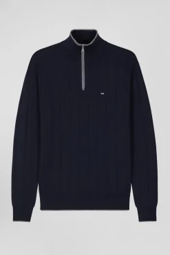 Regular navy blue semi-zipped cotton and cashmere jumper