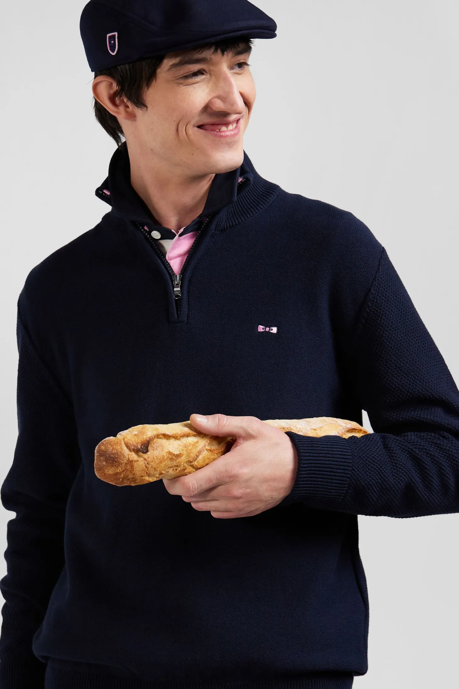 Regular navy blue semi-zipped cotton jumper