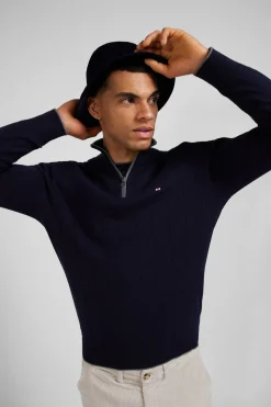 Regular navy blue semi-zipped cotton and cashmere jumper