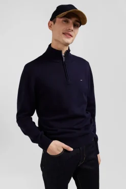 Regular navy blue semi-zipped wool and cotton jumper