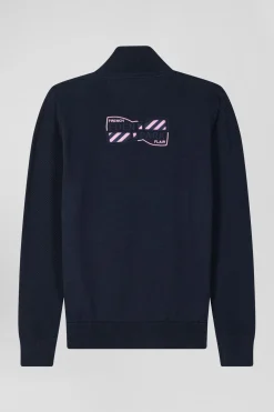 Regular navy blue semi-zipped cotton jumper