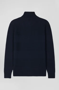 Regular navy blue semi-zipped cotton jumper with knit patterns