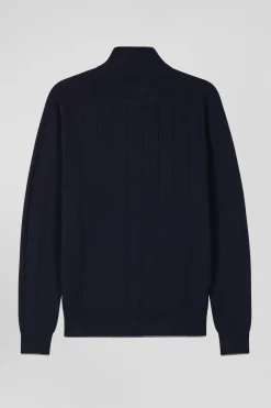 Regular navy blue semi-zipped cotton and cashmere jumper