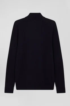 Regular navy blue semi-zipped wool and cotton jumper