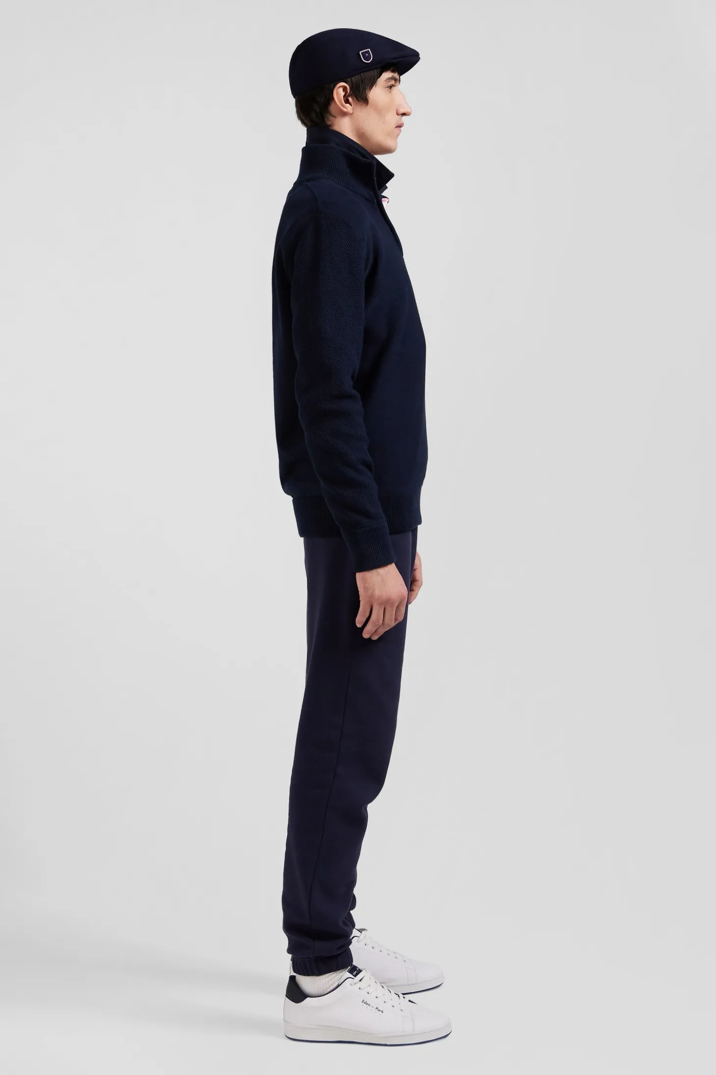 Regular navy blue semi-zipped cotton jumper