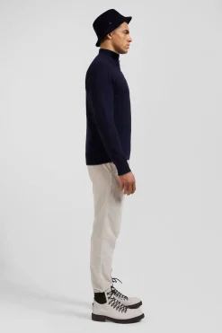 Regular navy blue semi-zipped cotton and cashmere jumper