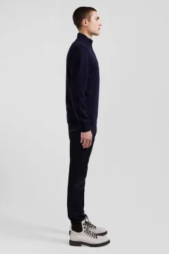 Regular navy blue semi-zipped wool and cotton jumper