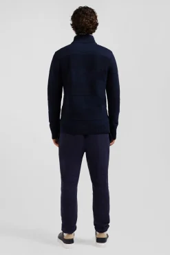 Regular navy blue semi-zipped cotton jumper with knit patterns