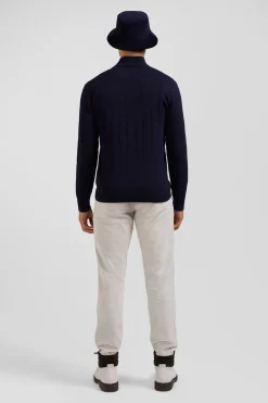 Regular navy blue semi-zipped cotton and cashmere jumper