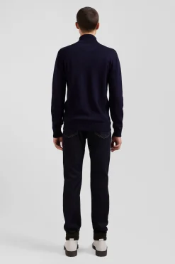 Regular navy blue semi-zipped wool and cotton jumper