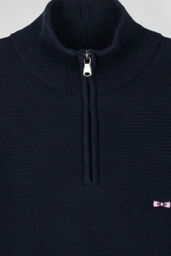 Regular navy blue semi-zipped cotton jumper with knit patterns