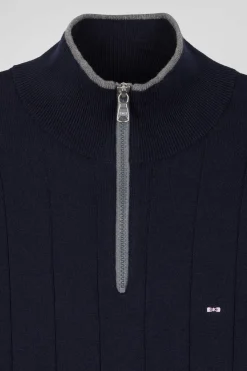 Regular navy blue semi-zipped cotton and cashmere jumper