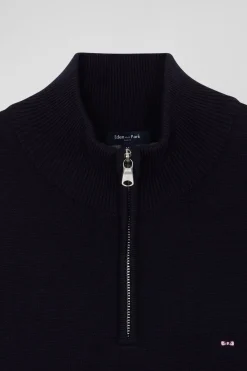 Regular navy blue semi-zipped wool and cotton jumper