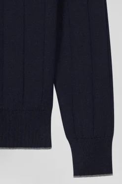 Regular navy blue semi-zipped cotton and cashmere jumper