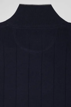 Regular navy blue semi-zipped cotton and cashmere jumper