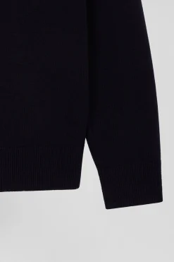 Regular navy blue semi-zipped wool and cotton jumper