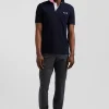 Regular navy blue short-sleeved cotton piqué polo shirt with striped embroidery