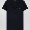 Regular navy blue short-sleeved V-neck cotton T-shirt