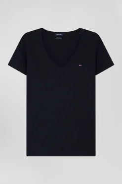 Regular navy blue short-sleeved V-neck cotton T-shirt