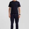 Regular navy blue short-sleeved cotton T-shirt with back embroidery