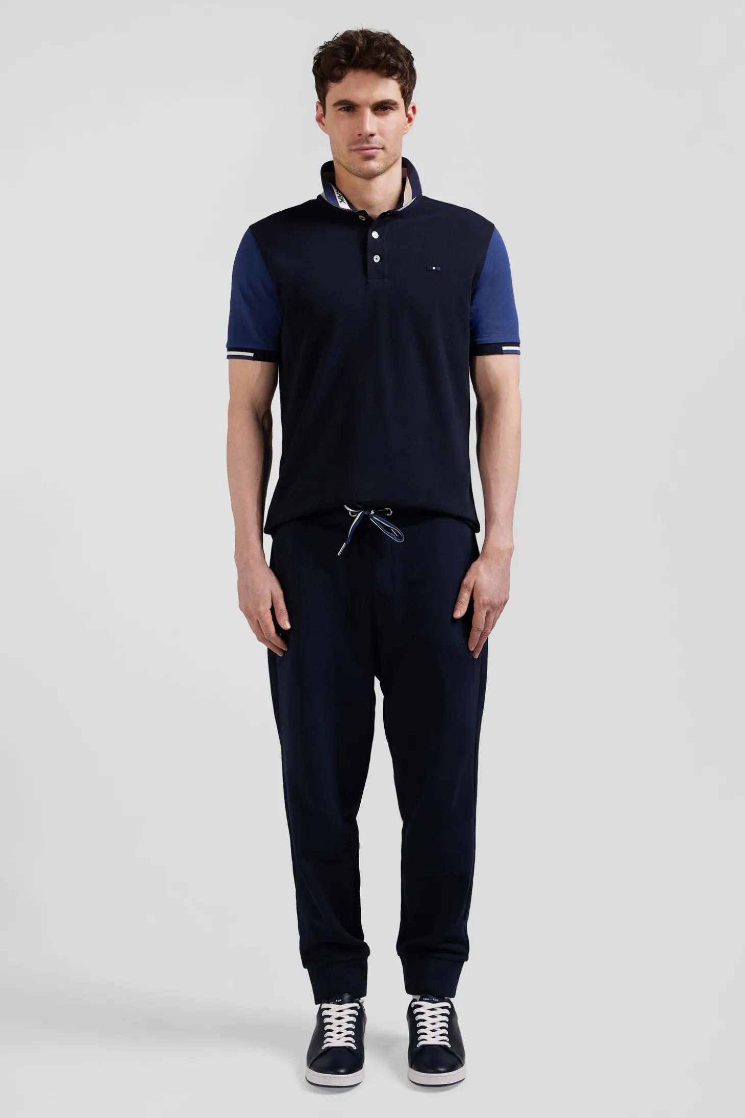 Regular navy blue short-sleeved cotton piqué polo shirt with Eden Park jacquard collar