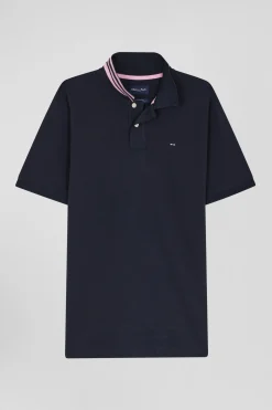 Regular navy blue short-sleeved cotton piqué polo shirt